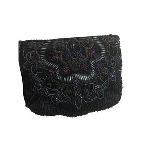 Partners Beaded Evening Bag Womens Small Black Satin Floral Clutch Vintage Good